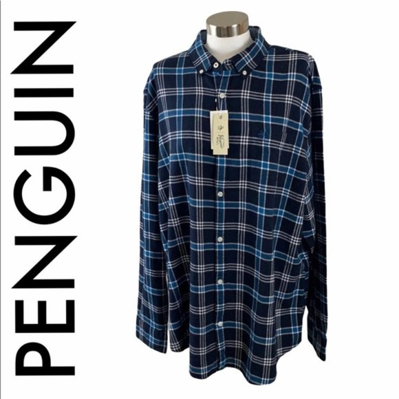 PENGUIN NWT MEN’S BLUE WHITE PLAID SHIRT‎ SIZE XXL